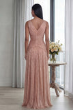 Glitter Dusty Rose V-Neck Sheath Pleated Long Formal Dress