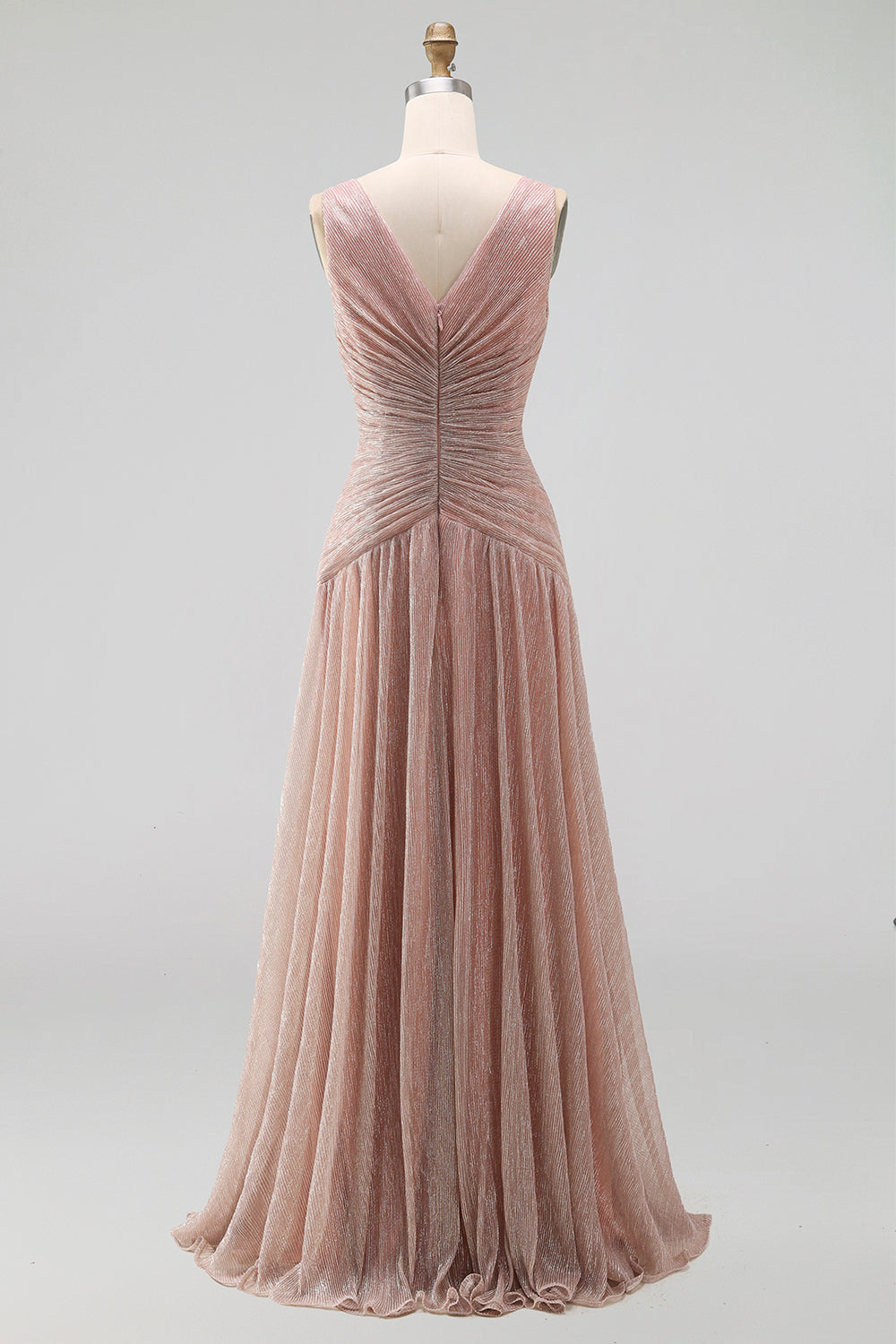 Glitter Dusty Rose V-Neck Sheath Pleated Long Formal Dress
