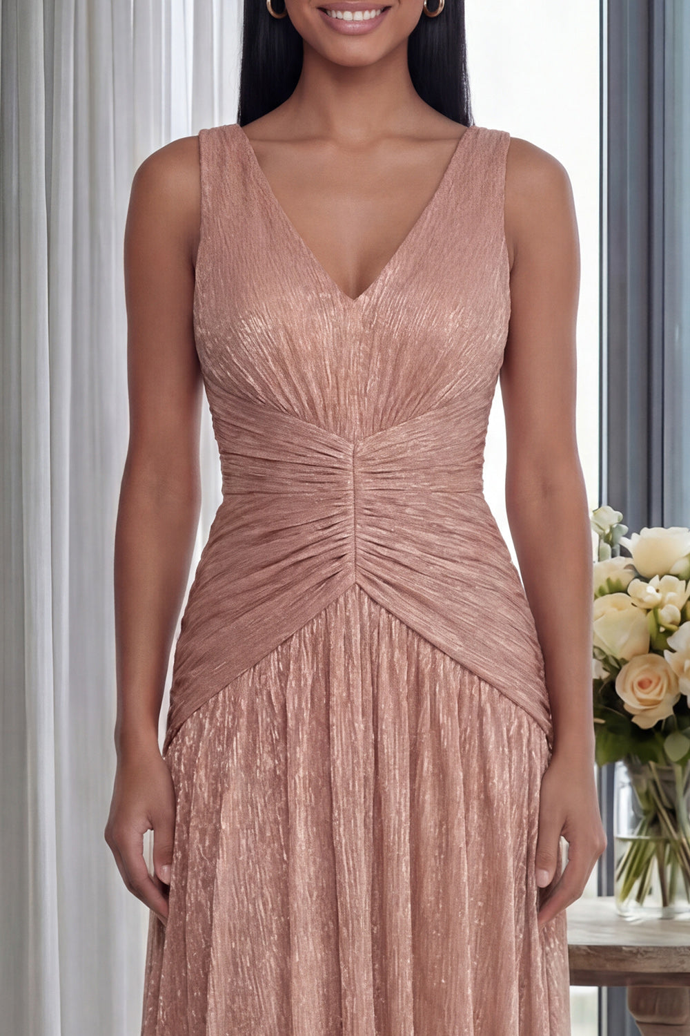 Glitter Dusty Rose V-Neck Sheath Pleated Long Formal Dress