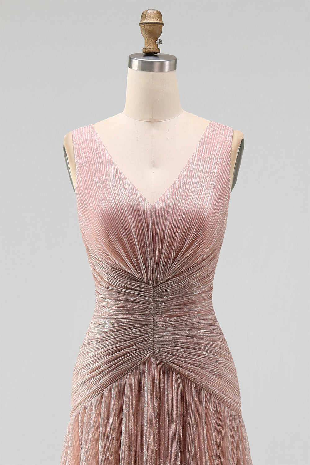 Glitter Dusty Rose V-Neck Sheath Pleated Long Formal Dress