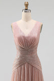 Glitter Dusty Rose V-Neck Sheath Pleated Long Formal Dress