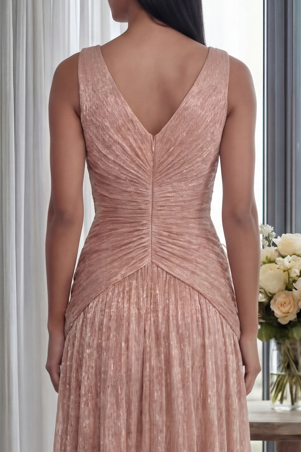 Glitter Dusty Rose V-Neck Sheath Pleated Long Formal Dress