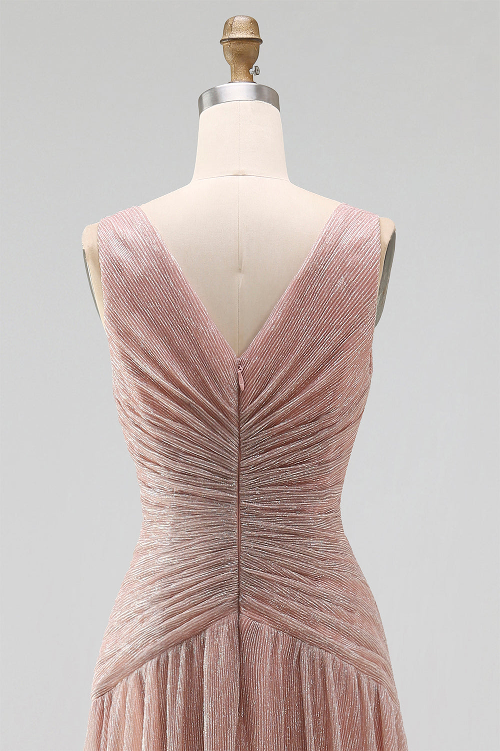 Glitter Dusty Rose V-Neck Sheath Pleated Long Formal Dress