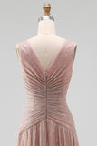 Glitter Dusty Rose V-Neck Sheath Pleated Long Formal Dress