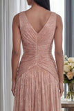 Glitter Dusty Rose V-Neck Sheath Pleated Long Formal Dress