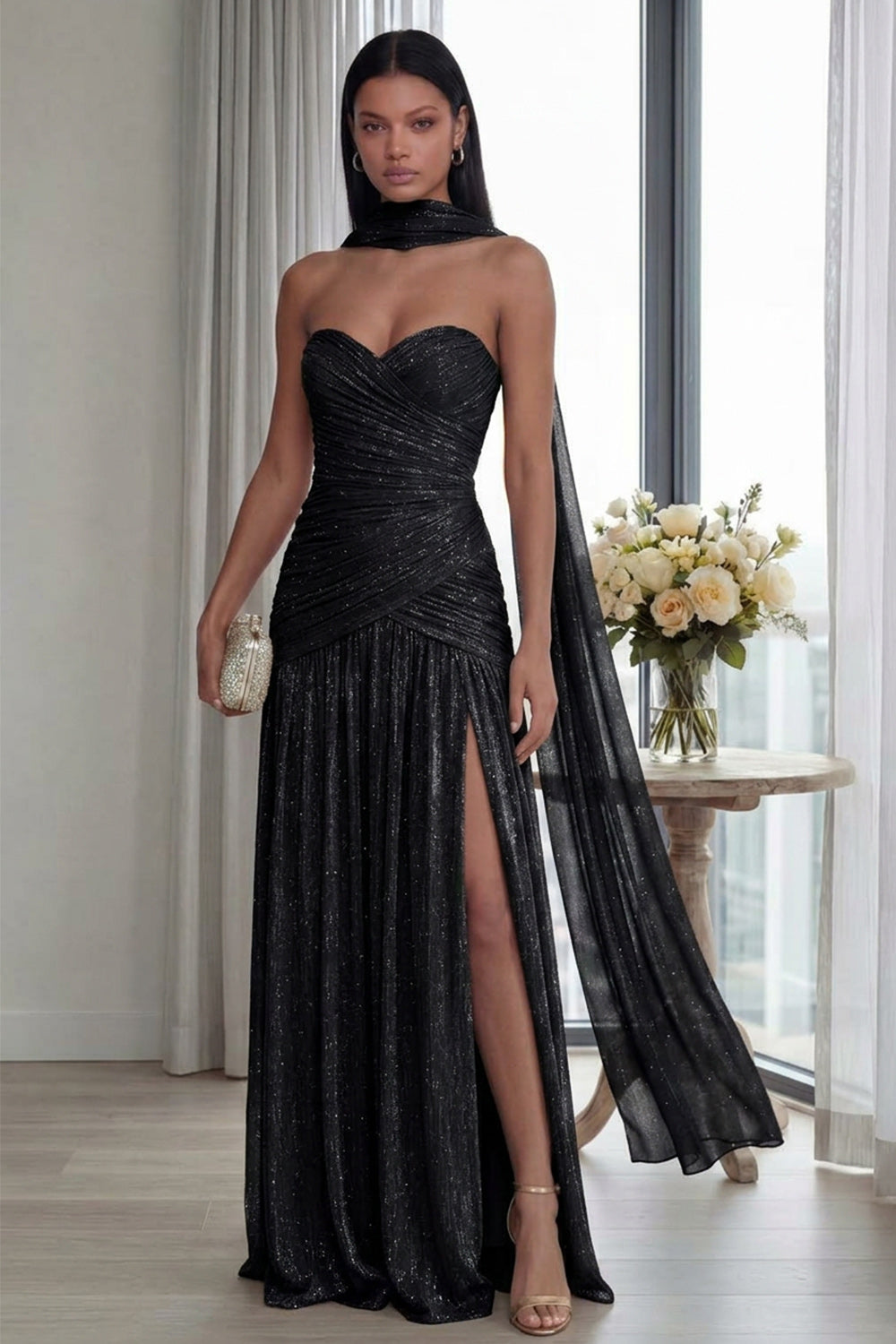 Glitter Dusty Sage Sweetheart Neck Scarf Long Formal Dress with Slit