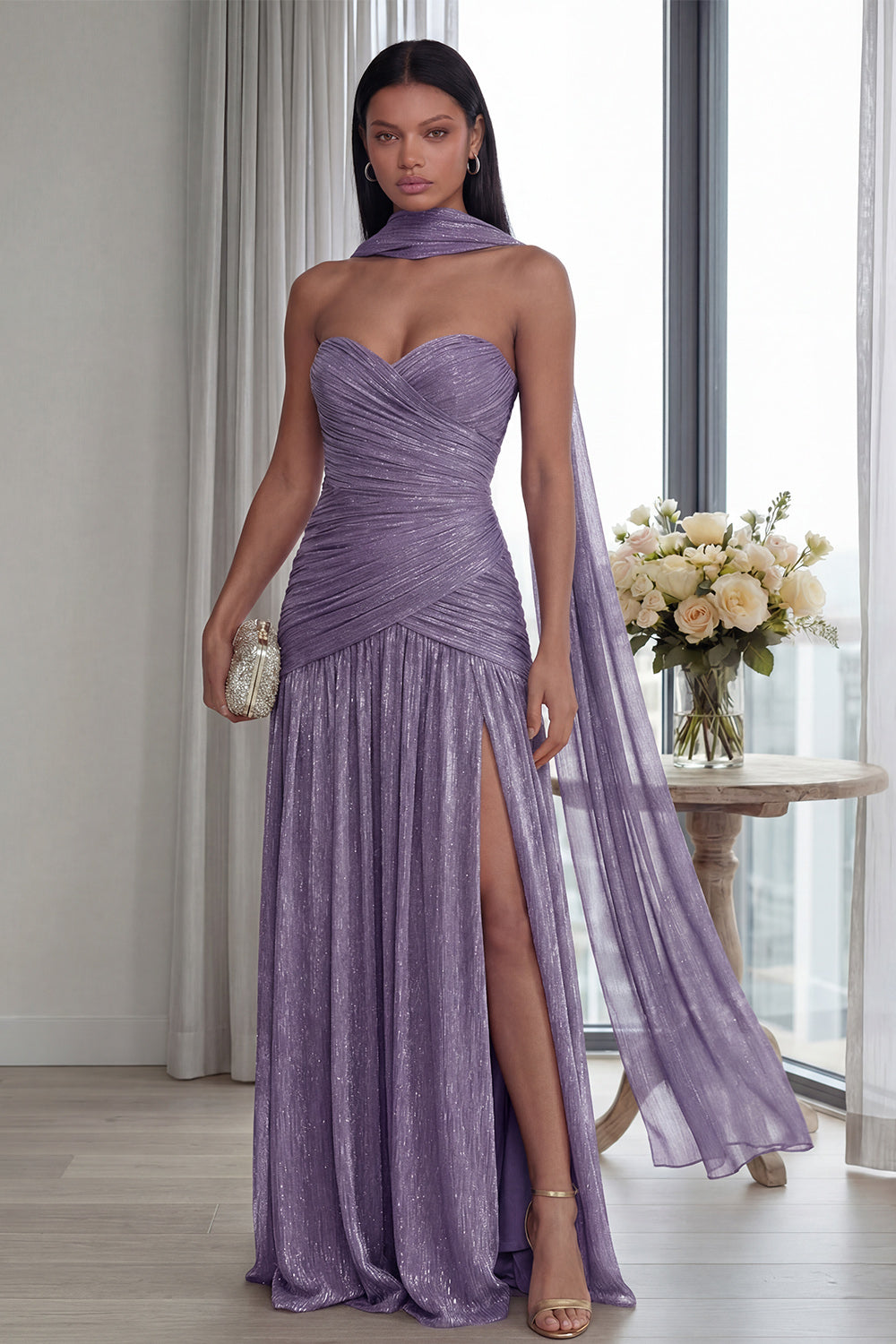 Glitter Dusty Sage Sweetheart Neck Scarf Long Formal Dress with Slit