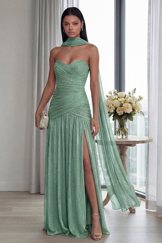 Glitter Dusty Sage Sweetheart Neck Scarf Long Formal Dress with Slit