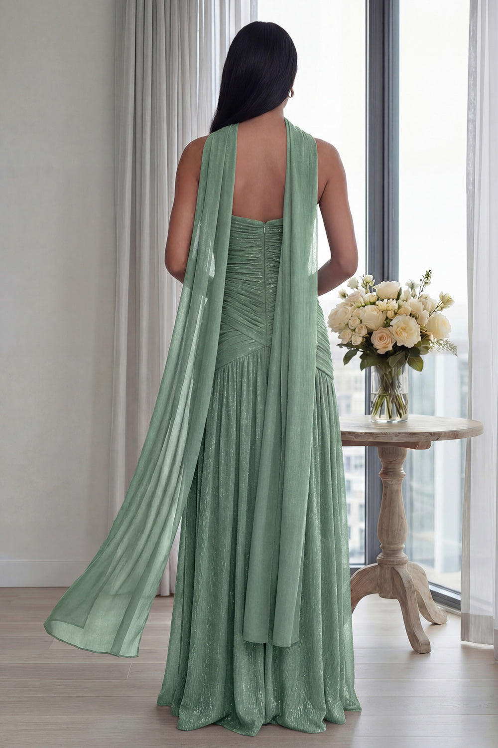 Glitter Dusty Sage Sweetheart Neck Scarf Long Formal Dress with Slit