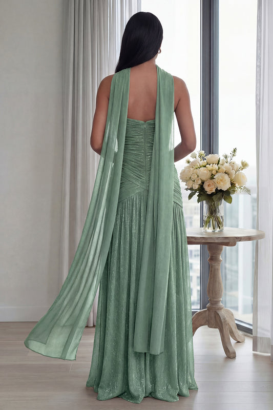 Glitter Dusty Sage Sweetheart Neck Scarf Long Formal Dress with Slit
