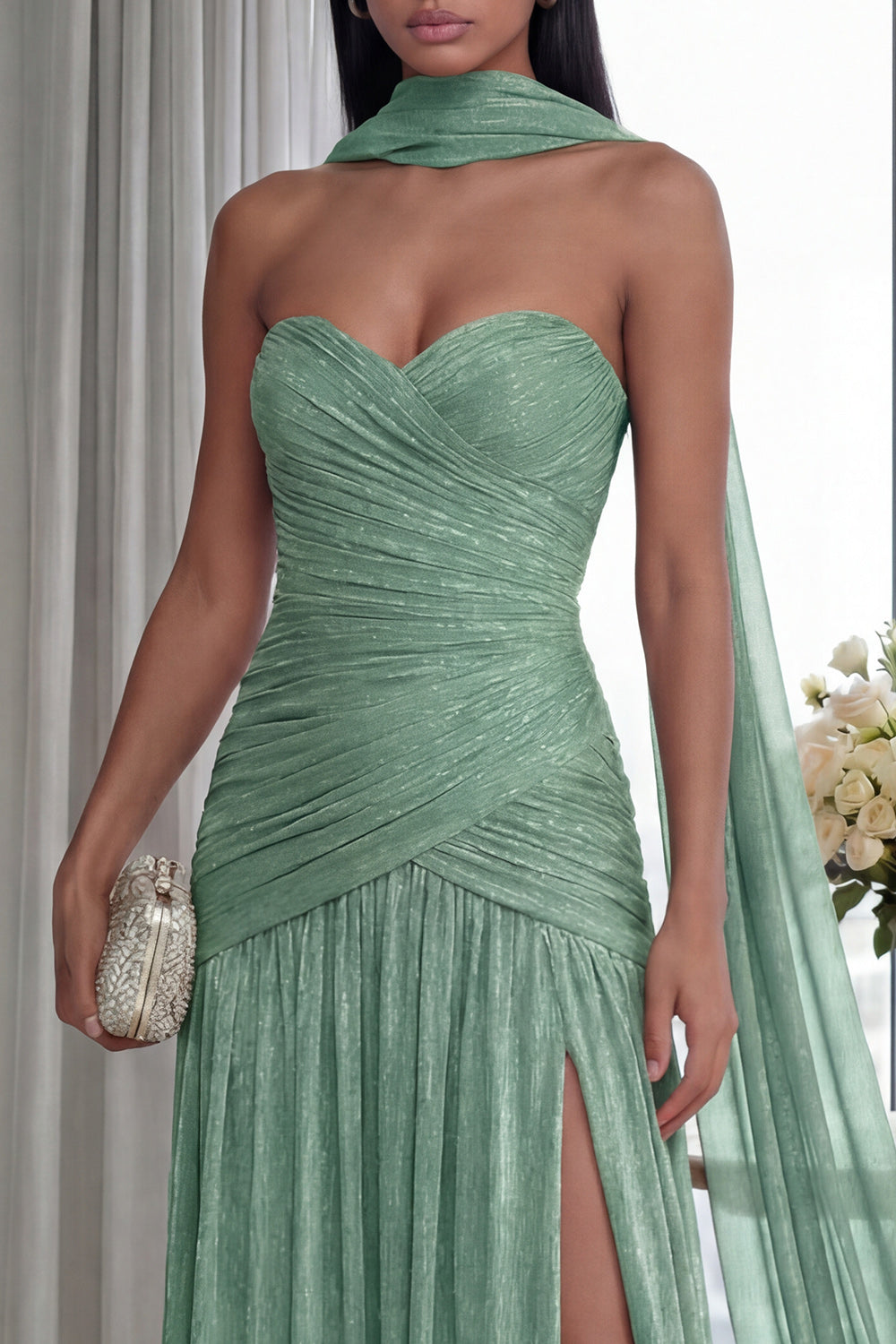 Glitter Dusty Sage Sweetheart Neck Scarf Long Formal Dress with Slit