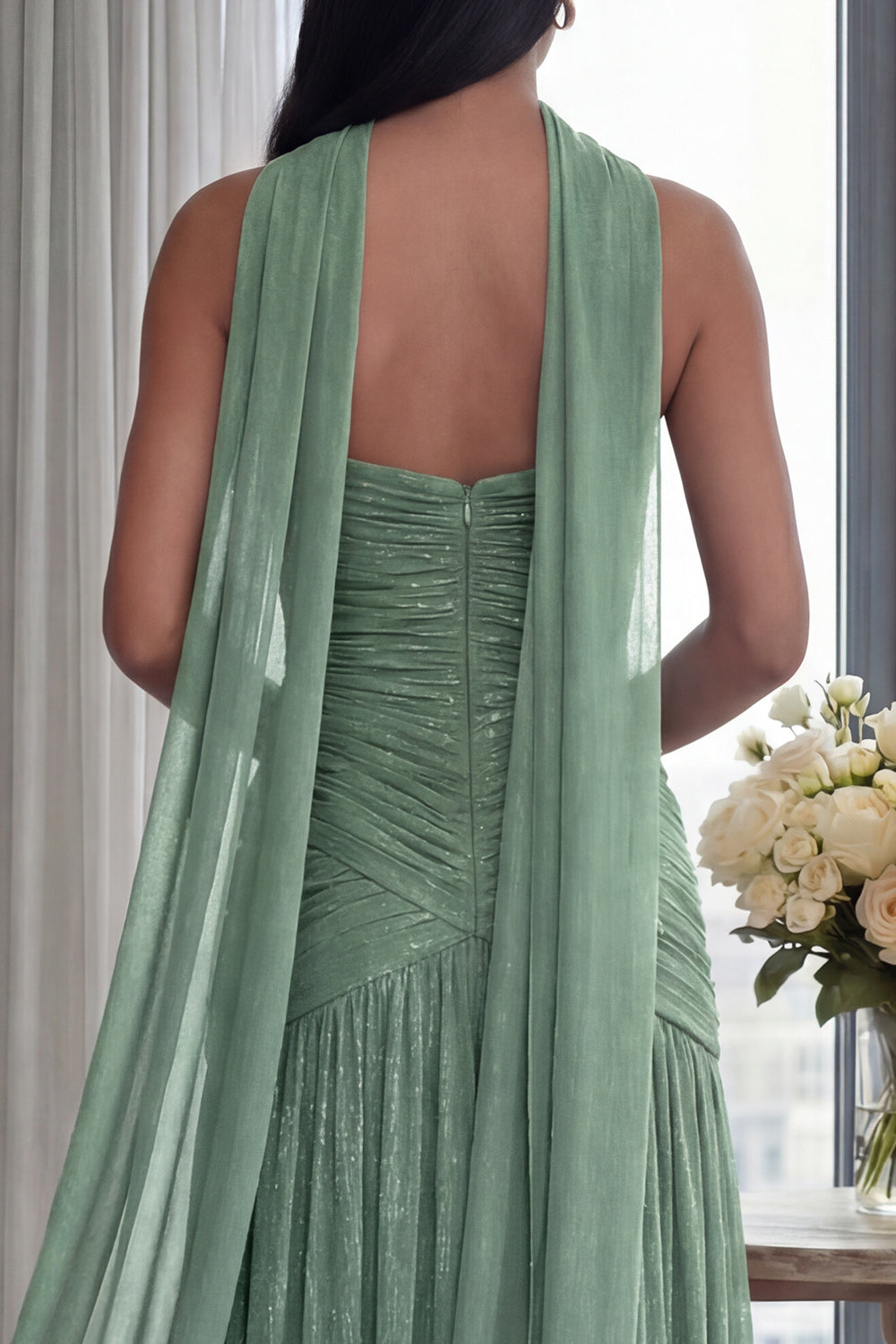Glitter Dusty Sage Sweetheart Neck Scarf Long Formal Dress with Slit