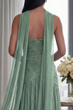 Glitter Dusty Sage Sweetheart Neck Scarf Long Formal Dress with Slit