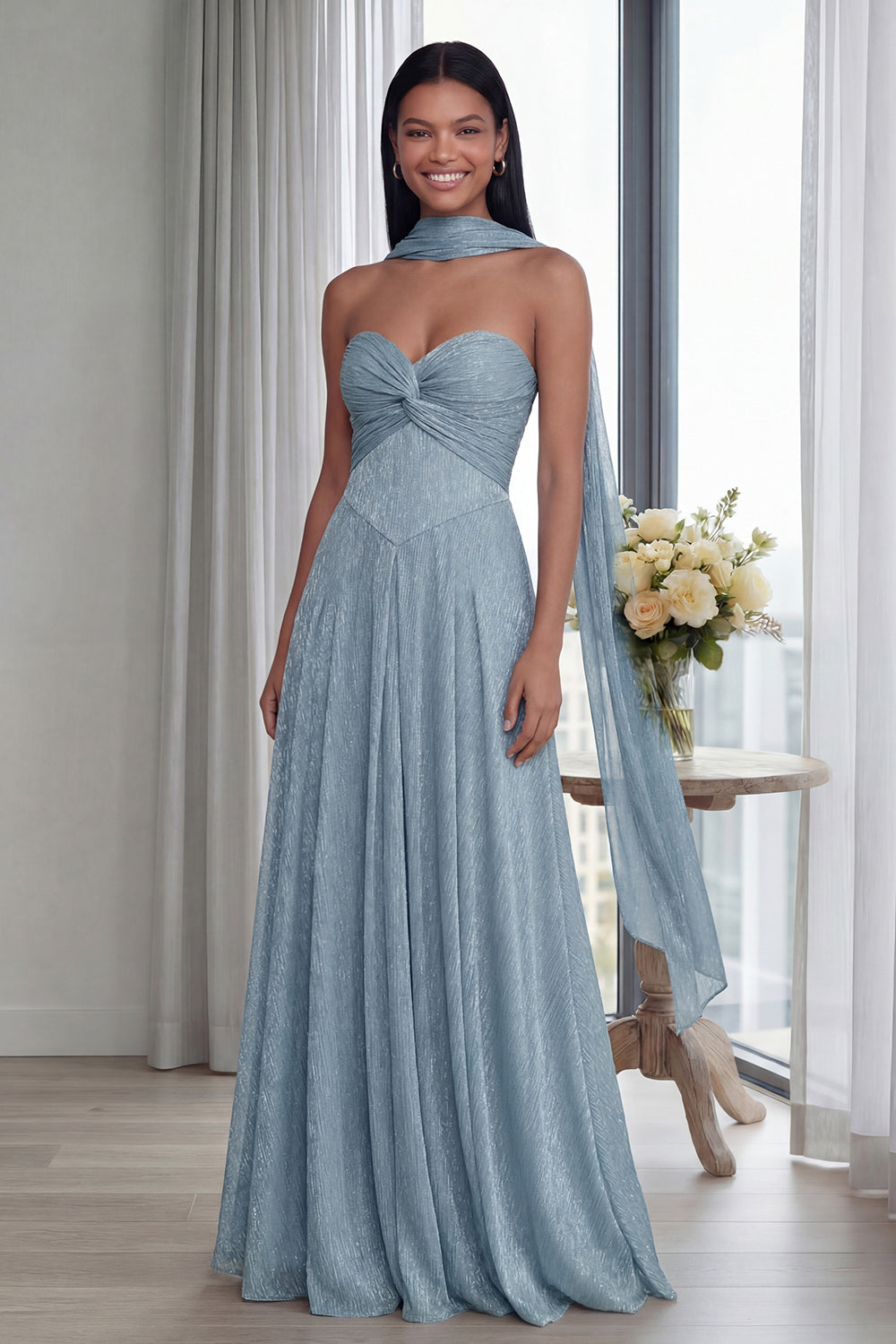 Glitter Sky Blue A Line Sweetheart Neck Scarf Long Formal Dress