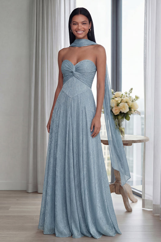 Glitter Sky Blue A Line Sweetheart Neck Scarf Long Formal Dress