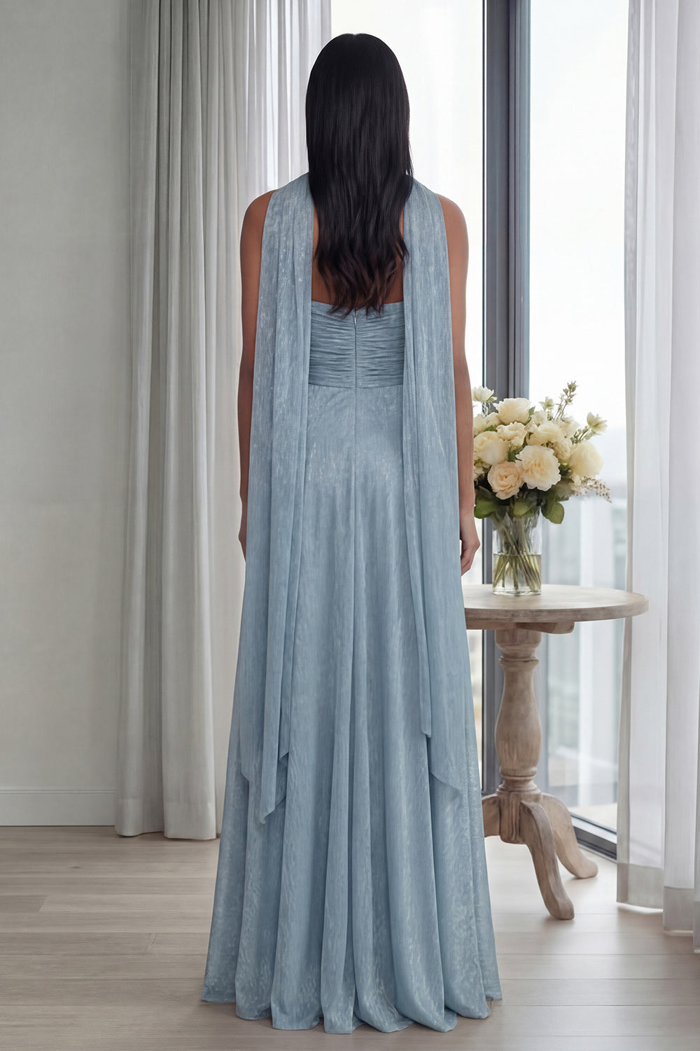 Glitter Sky Blue A Line Sweetheart Neck Scarf Long Formal Dress