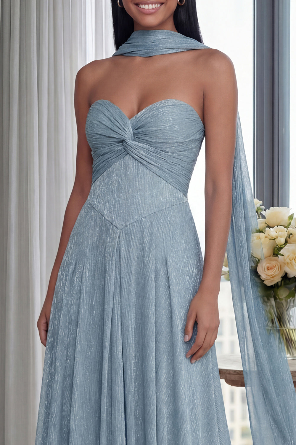 Glitter Sky Blue A Line Sweetheart Neck Scarf Long Formal Dress