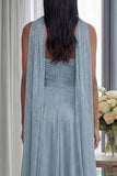 Glitter Sky Blue A Line Sweetheart Neck Scarf Long Formal Dress