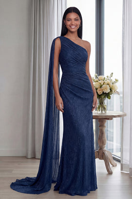 Navy One Shoulder Mermaid Long Formal Dress with Side Cape