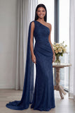Navy One Shoulder Mermaid Long Formal Dress with Side Cape