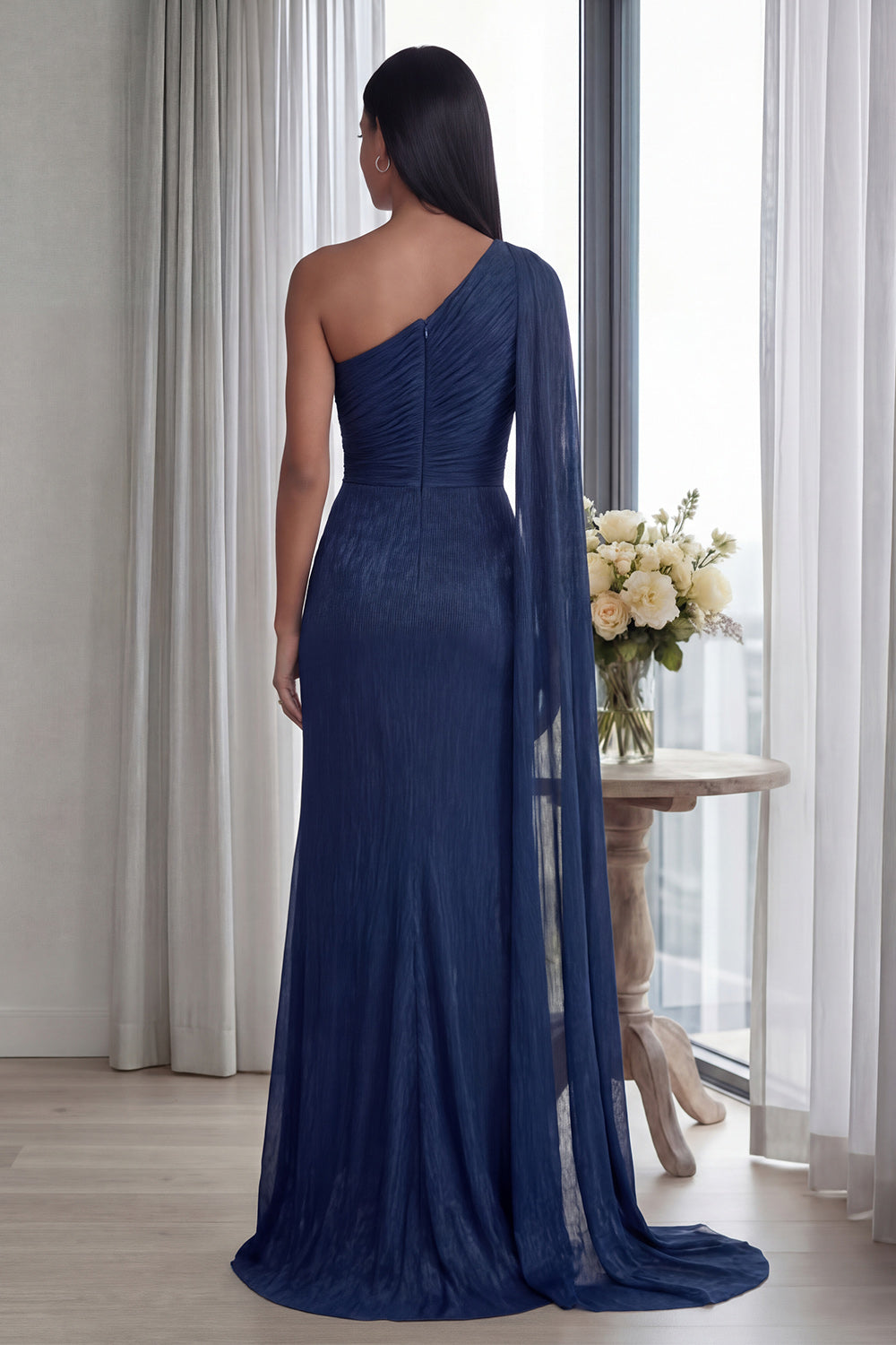 Navy One Shoulder Mermaid Long Formal Dress with Side Cape