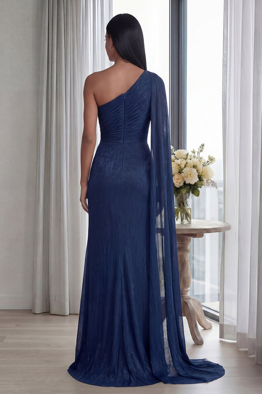 Navy One Shoulder Mermaid Long Formal Dress with Side Cape