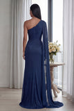 Navy One Shoulder Mermaid Long Formal Dress with Side Cape
