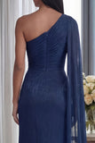 Navy One Shoulder Mermaid Long Formal Dress with Side Cape