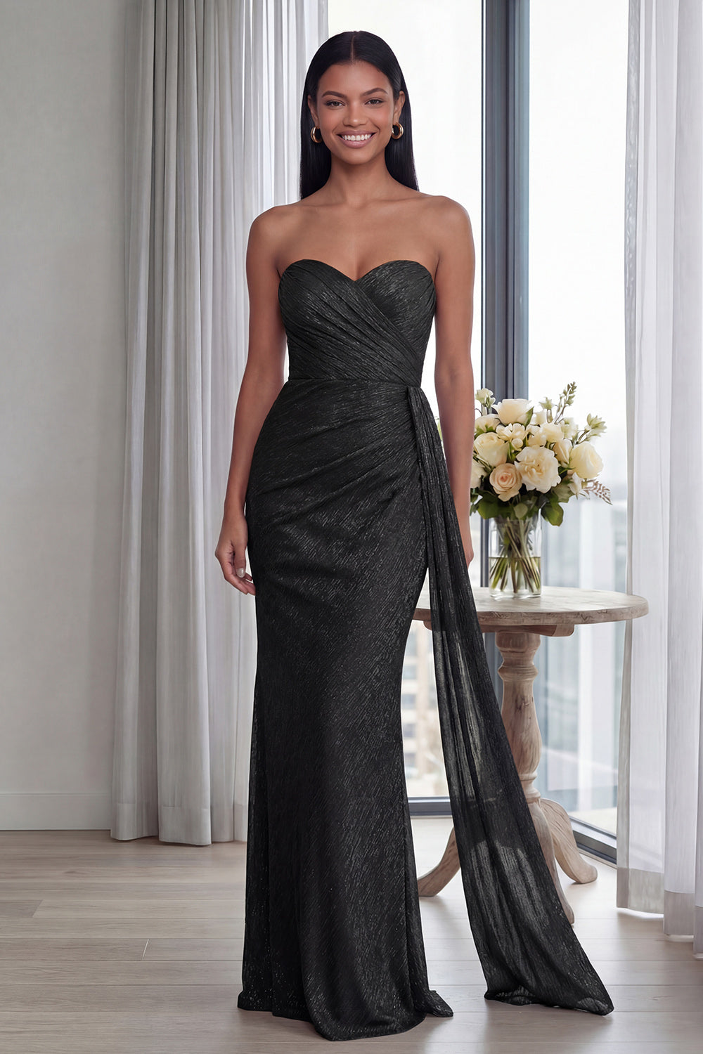 Black Sweetheart Mermaid Ruched Long Formal Dress with Streamer