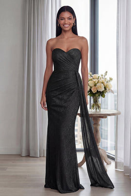 Black Sweetheart Mermaid Ruched Long Formal Dress with Streamer