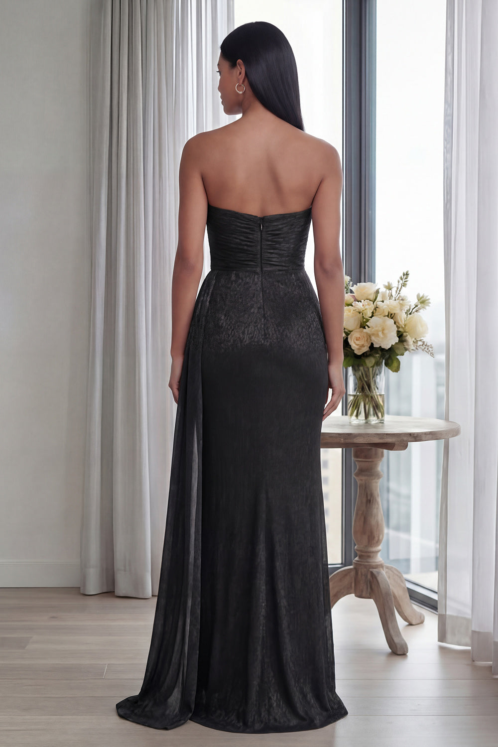 Black Sweetheart Mermaid Ruched Long Formal Dress with Streamer