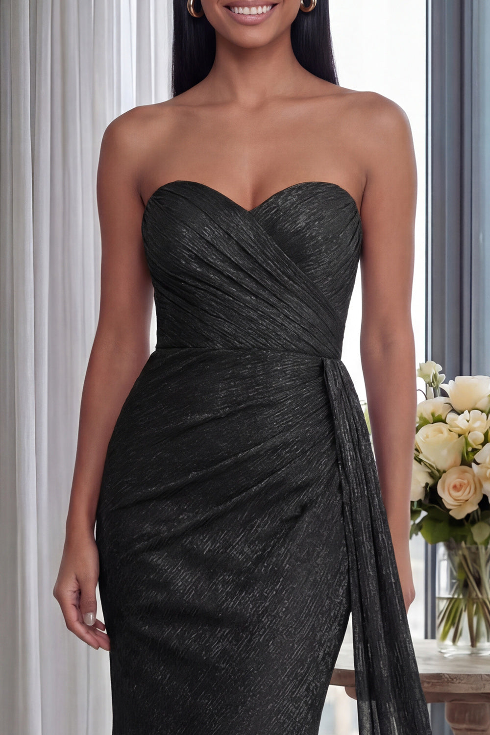 Black Sweetheart Mermaid Ruched Long Formal Dress with Streamer