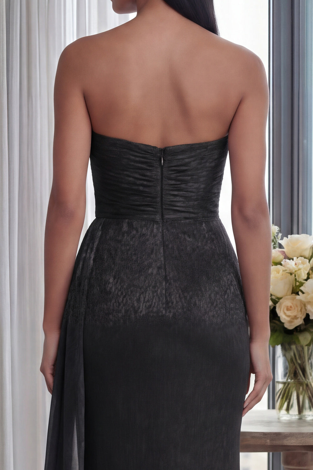 Black Sweetheart Mermaid Ruched Long Formal Dress with Streamer