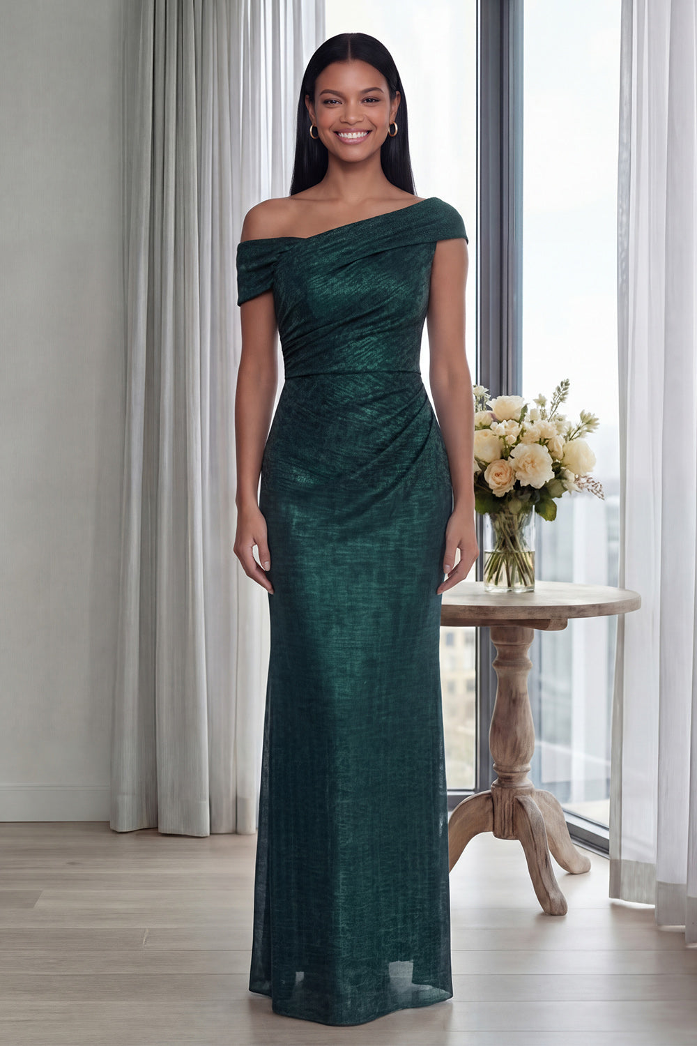Glitter One Shoulder Mermaid Dark Green Long Formal Dress