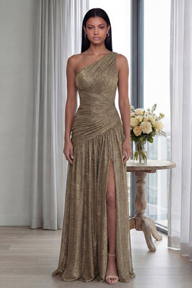 Gold A Line One Shoulder Pleated Long Formal Dress with Slit