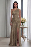 Gold A Line One Shoulder Pleated Long Formal Dress with Slit