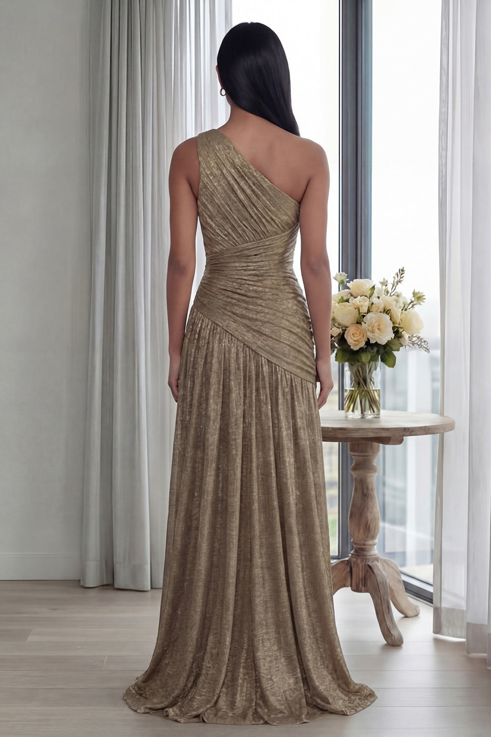 Zapakasa Women Glitter Gold Long Formal Dress with Slit A Line One