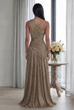 Gold A Line One Shoulder Pleated Long Formal Dress with Slit