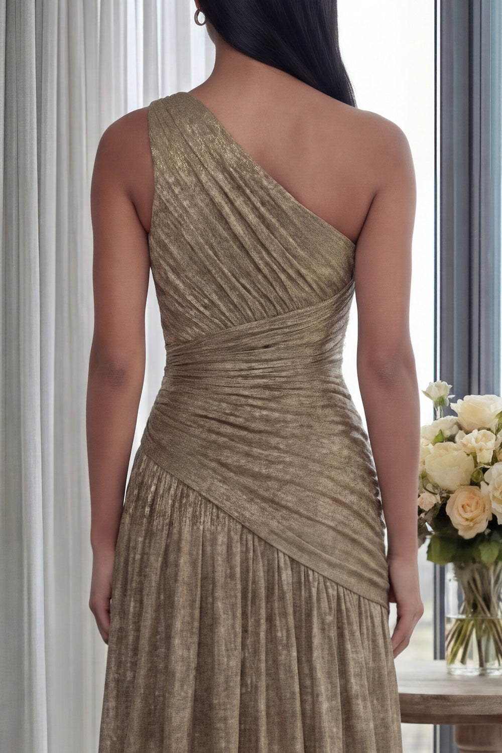 Gold A Line One Shoulder Pleated Long Formal Dress with Slit