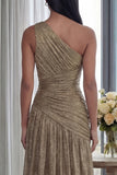 Gold A Line One Shoulder Pleated Long Formal Dress with Slit