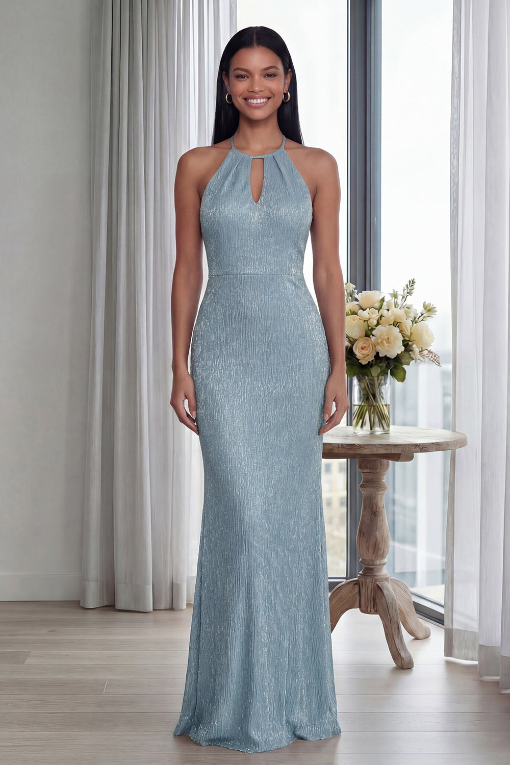 Glitter Sky Blue Keyhole Halter Mermaid Long Formal Dress