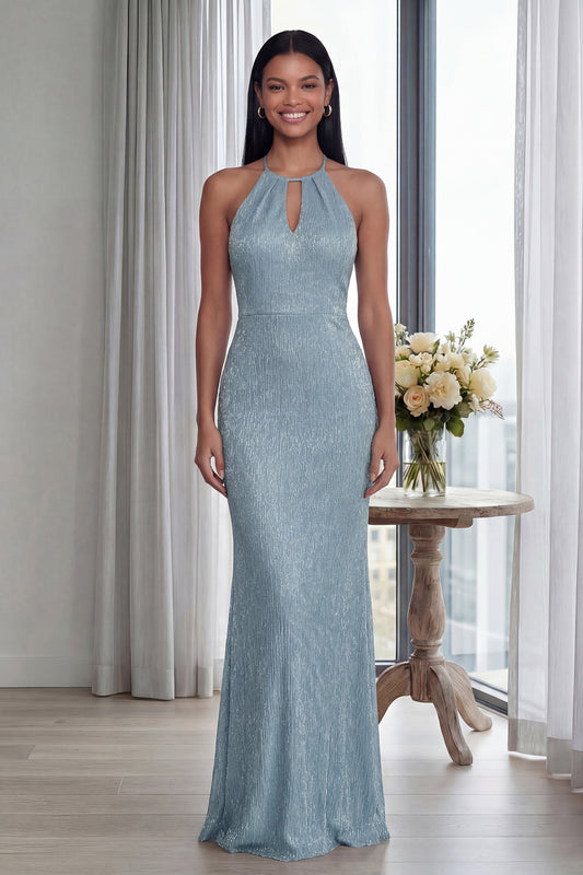 Glitter Sky Blue Keyhole Halter Mermaid Long Formal Dress