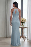 Glitter Sky Blue Keyhole Halter Mermaid Long Formal Dress