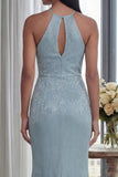 Glitter Sky Blue Keyhole Halter Mermaid Long Formal Dress