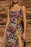 Black Sheath Square Neck Floral Long Prom Dress with Slit