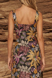 Black Sheath Square Neck Floral Long Prom Dress with Slit