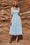 Sky Blue A Line Floral Beaded Sparkly Long Prom Dress with Bows
