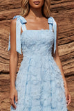 Sky Blue A Line Floral Beaded Sparkly Long Prom Dress with Bows