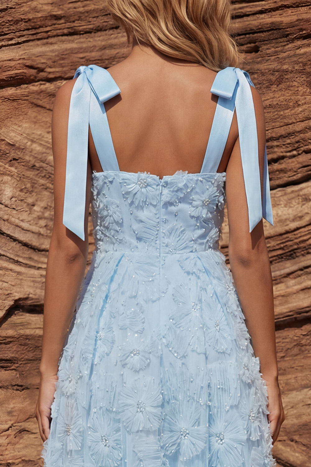 Sky Blue A Line Floral Beaded Sparkly Long Prom Dress with Bows