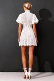 White A Line Short Corset High Neck Boho Wedding Dress with Ruffles